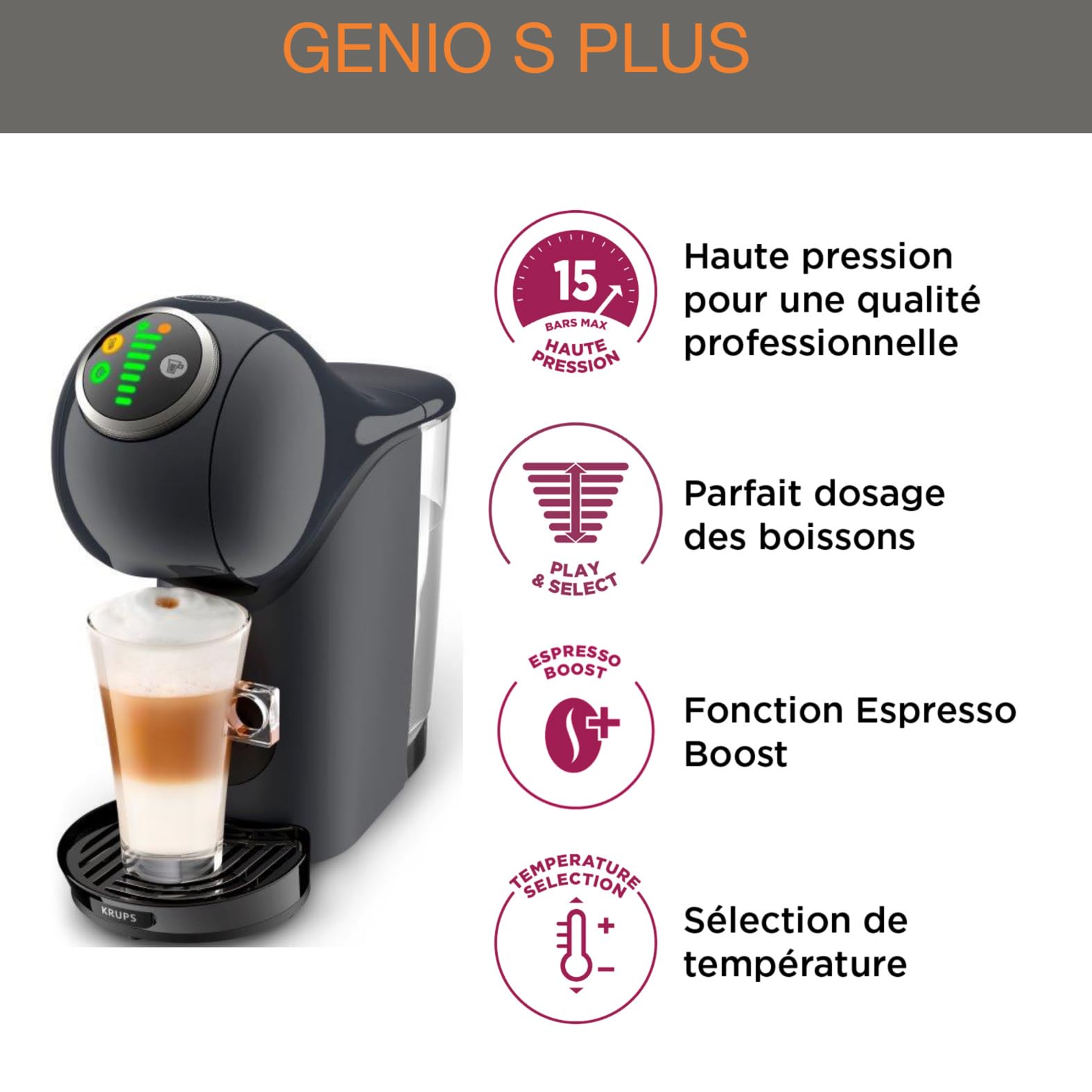 Dolce Gusto Machine à café capsules, Cafetière multi boissons, Pression 15 bars, Capacité 0,8 L, Fonction XL, Arrêt automatiq